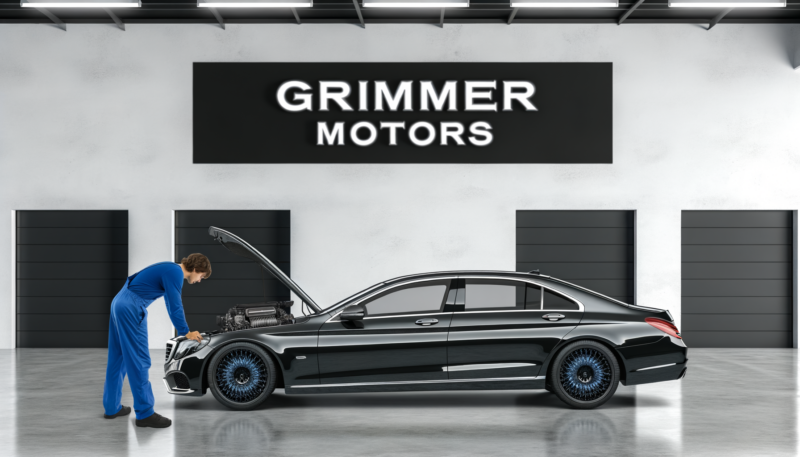 Engine Inspection Grimmer Motors A black modern vehicle on the ground in a modern 6 bay mechanics shop. A European male in mechanic in overalls standing in front of the car inspecting the engine. The mechanic is halfway through with the inspection.