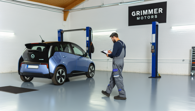 A blue electric vehicle on the ground in a modern 6 bay mechanics shop. A European male in mechanic in overalls standing next to the rear of the car inspecting it and checking off a clipboard list in one hand with a pen in the other hand.