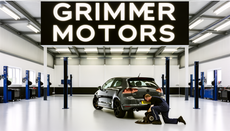 CV Joint Repair Grimmer Motors A car on the ground in a modern 6 bay mechanics shop. A European male in mechanic in overalls is crouched near the rear wheel of the car, he is halfway through repairing the CV joints seen over his shoulder.