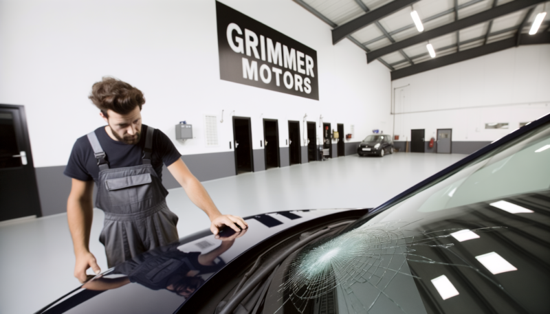 Windscreen Repairs at Grimmer Motors A car on the ground in a modern 6 bay mechanics shop. A European male in mechanic in overalls leaning over the front Windscreen. His hand which is in contact with the slightly cracked glass.
