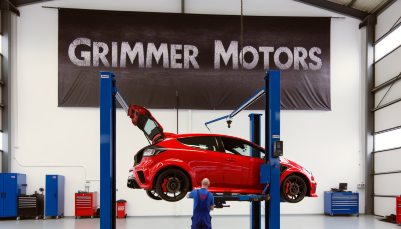 Suspension Fix Grimmer Motors A red car on a two post hoist in a modern 6 bay mechanics shop. A European male mechanic in overalls is fixinging the Suspension Control Module.