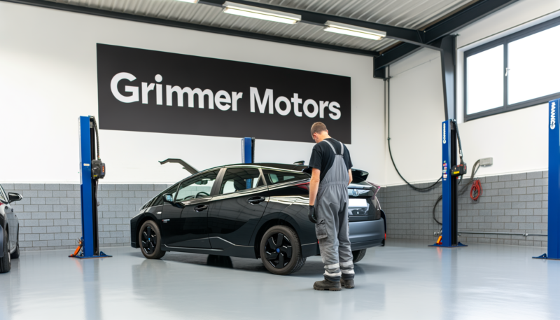 Hybrid Winter Care A black hybrid car in a modern 6 bay mechanics shop. A European male mechanic in overalls is halfway through the process of doing a safety inspection on the hybrid car.