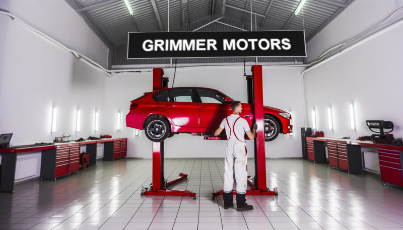Torsion Bar Solutions A sleek red car is elevated on a two-post hoist inside a spacious, modern mechanic shop that houses six work bays. A European male mechanic in clean overalls is adjusting the torsion bar on the car.