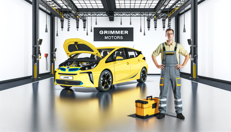 Hybrid Servicing Grimmer Motors A yellow hybrid car on the ground in a modern 6 bay mechanics shop. A European male mechanic servicing the Hybrid car and is halfway done.