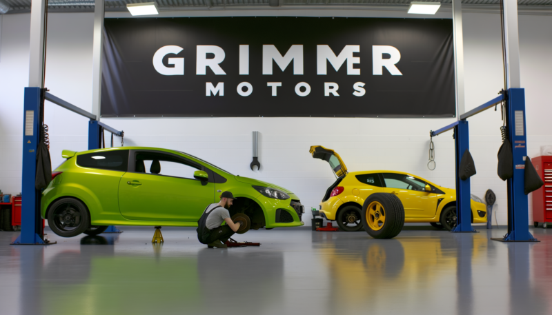 A green car on the ground in a modern 6 bay mechanics shop. A European male mechanic in overalls seen repairing the brakes of the yellow car.