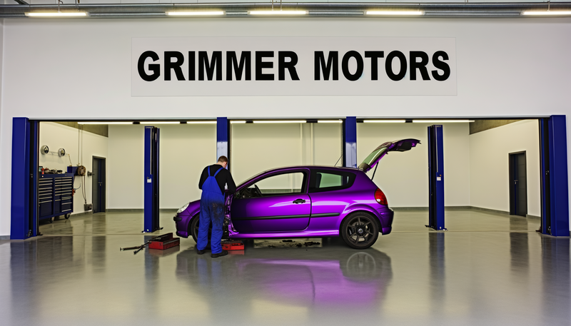 Rodent Damage Solutions Grimmer Motors A purple car on the ground in a modern 6 bay mechanics shop. A mechanic in overalls is halfway through the process of repairing the car door.