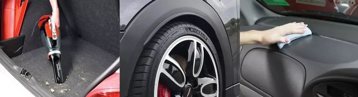 Collage showing car detailing: vacuuming, tire, and dashboard cleaning.
