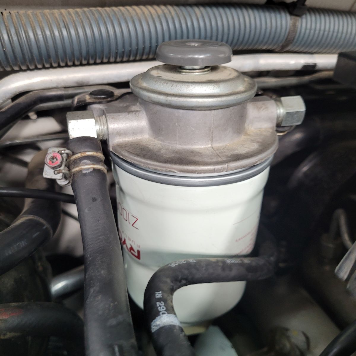 Diesel Engine Fuel Filter Assembly Close-up of a diesel fuel filter with attached hoses