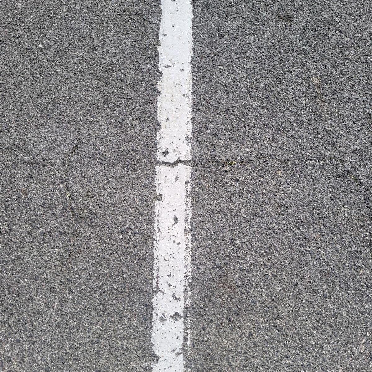 Worn White Line on Asphalt Road Close-up of a weathered white road line on rough asphalt