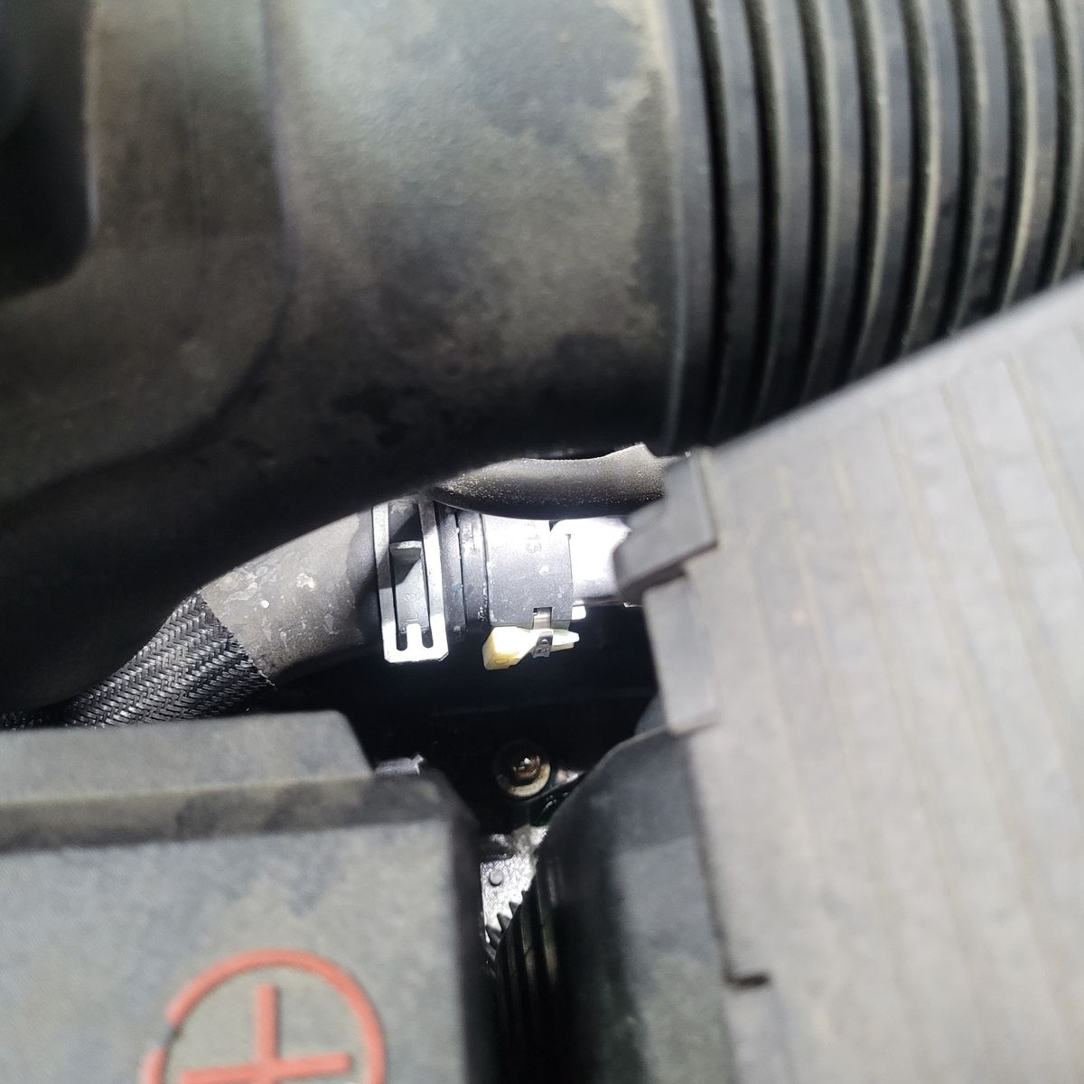 Top radiator hose with clamp and electrical connector in engine bay