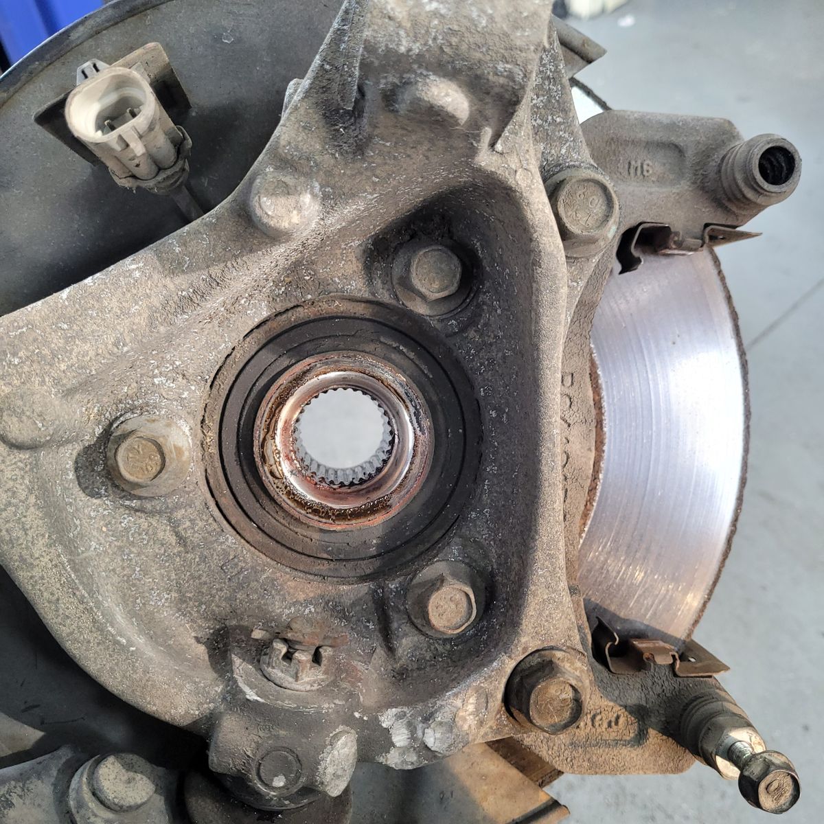 Close-up of a Car Wheel Bearing Assembly Exposed car wheel bearing and surrounding components in a disassembled brake assembly.