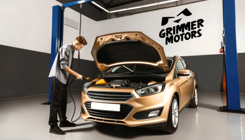 A shiny gold 2019 Nissan on the ground In a modern 6 bay mechanics shop, A european male mechanic standing in front of the car. The bonnet of the car is open showing the engine and other components. The mechanic is doing an oil check by inspecting the dipstick.