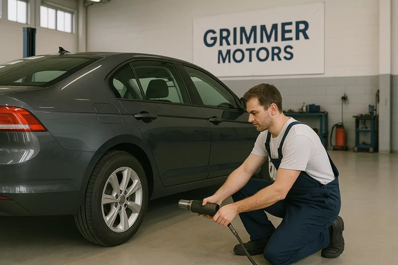 Mechanic tightens wheel on gray sedan inside Grimmer Motors garage.